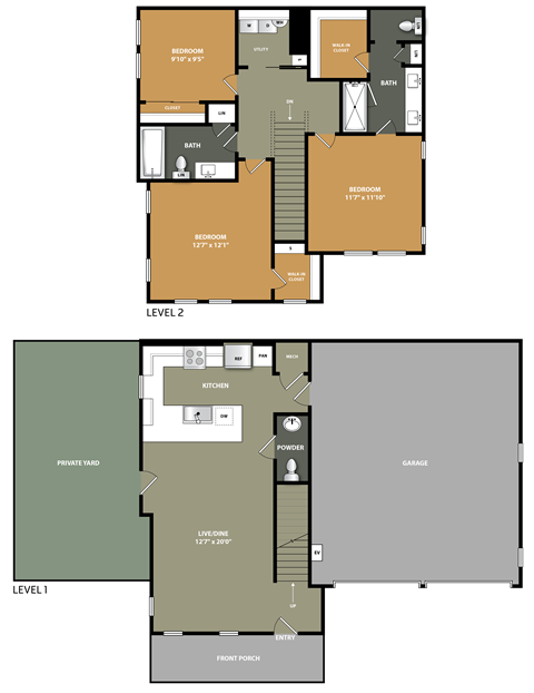 A floor plan of a two-story residential building with labeled rooms.
